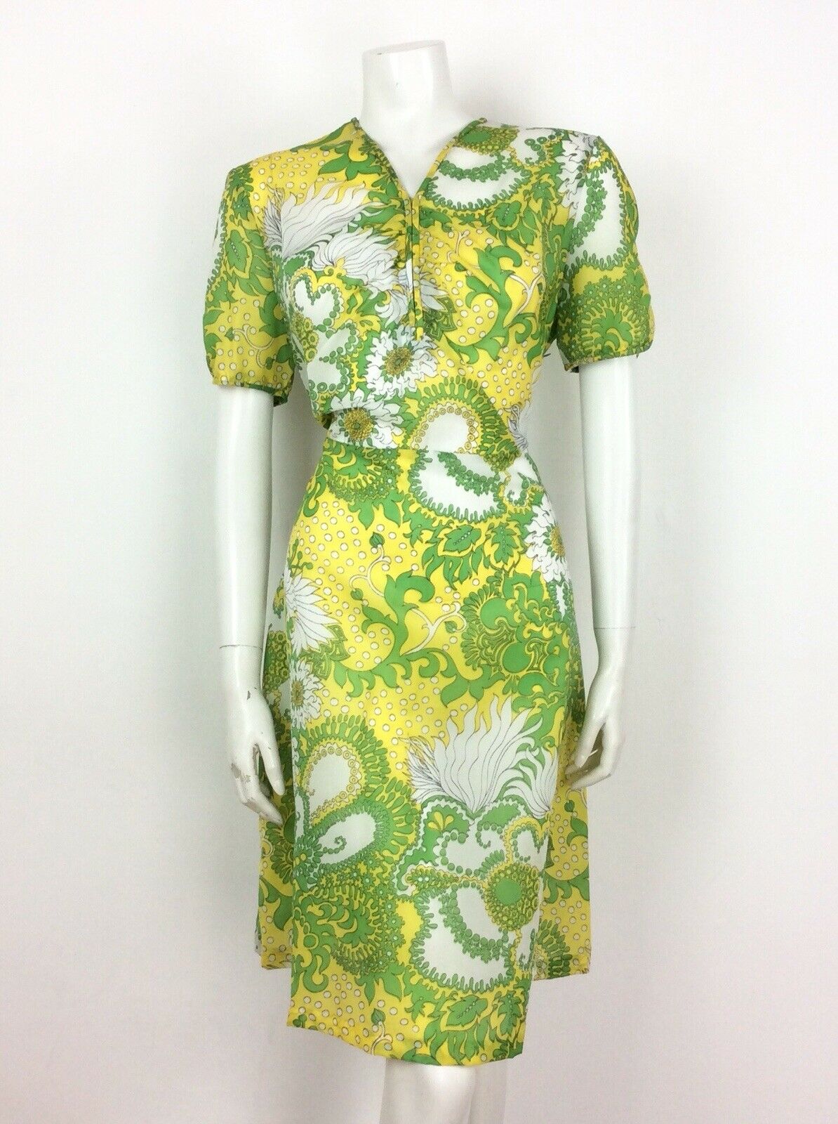 PSYCHEDELIC 70S VINTAGE YELLOW GREEN WHITE FLORAL DRESS 14