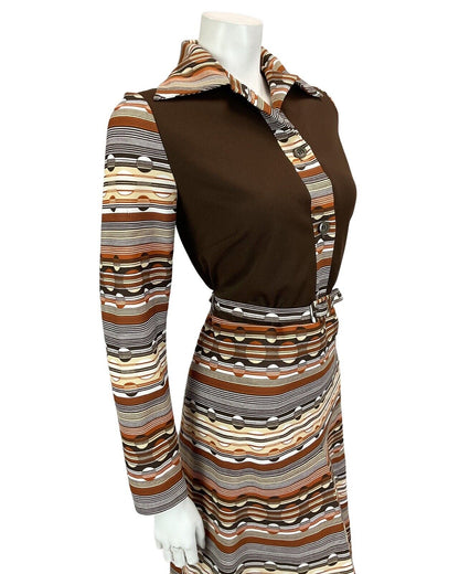 VINTAGE 60S 70S BROWN BEIGE TAN STRIPED ABSTRACT  PRINT MIDI DRESS 14 16