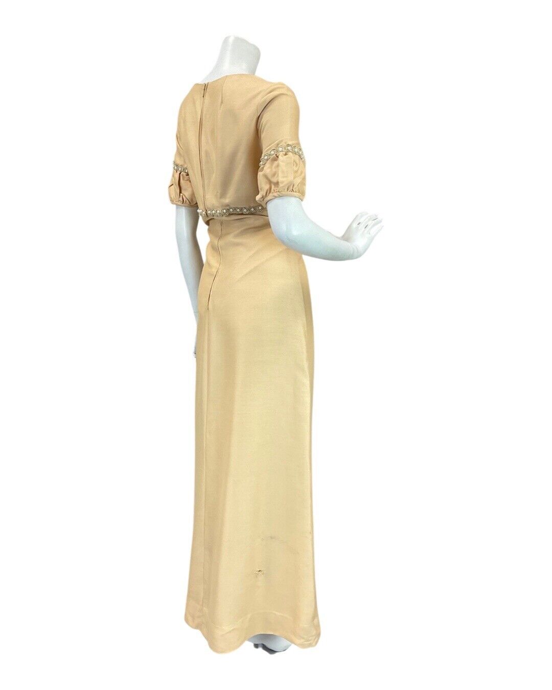 VINTAGE 60s 70s CREAM PEARL EMPIRE LINE MOD PARTY PUFF SLEEVE MAXI DRESS 10