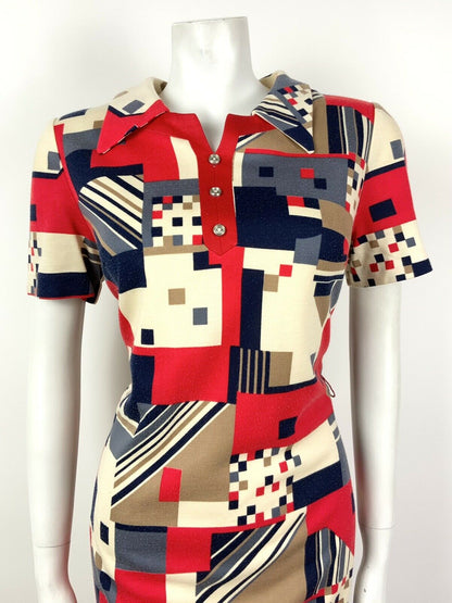 VINTAGE 60s 70s CREAM RED BLUE BROWN GEOMETRIC MOD DAGGER SHIFT DRESS 10 12