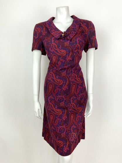 VTG 60s 70s PURPLE PINK ORANGE FLORAL PAISLEY CHELSEA COLLAR SHIFT DRESS 14 16