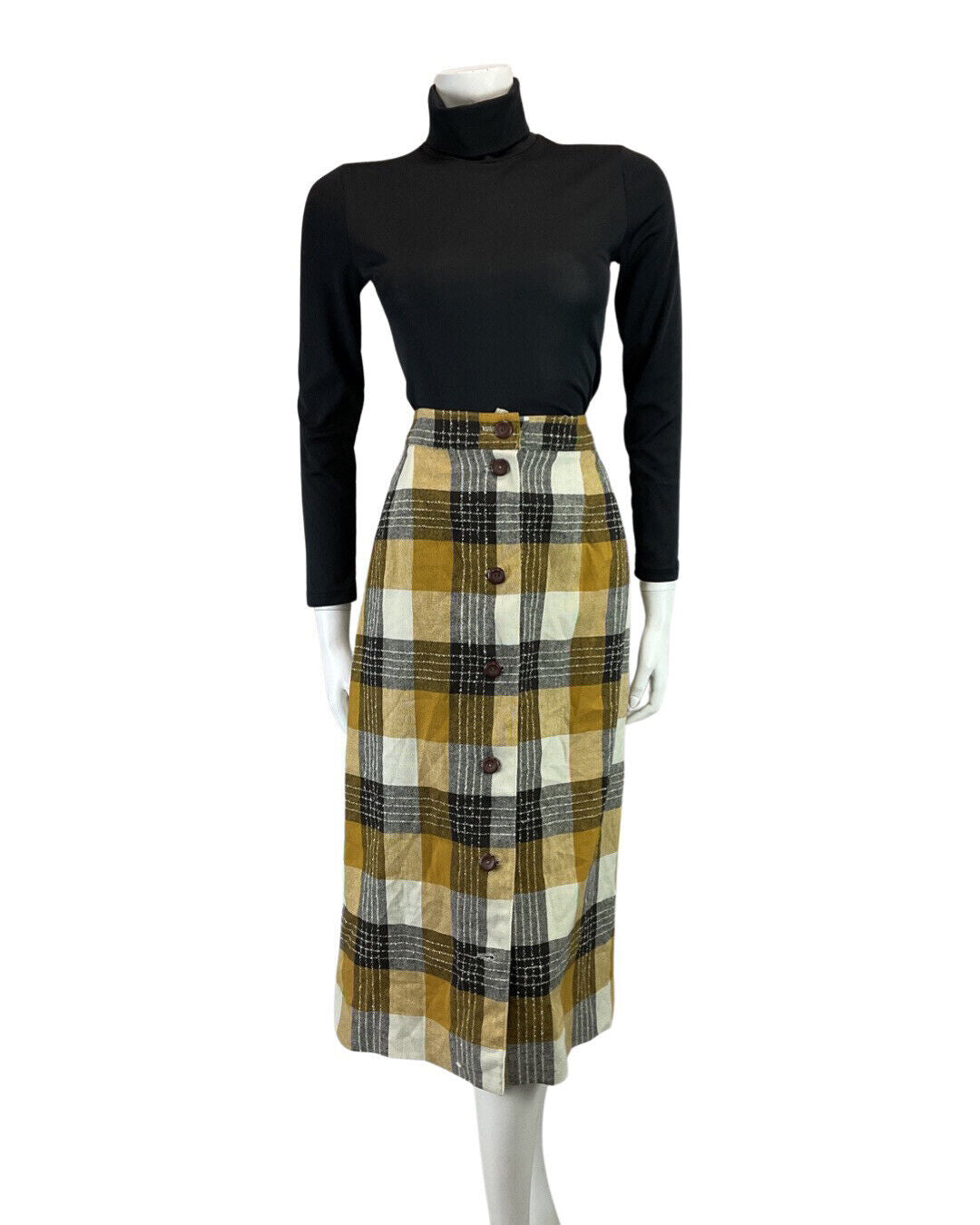 VINTAGE 60s 70s YELLOW BLACK WHITE CHECKED MOD WOOL KNEE-LENGTH SKIRT 12 14