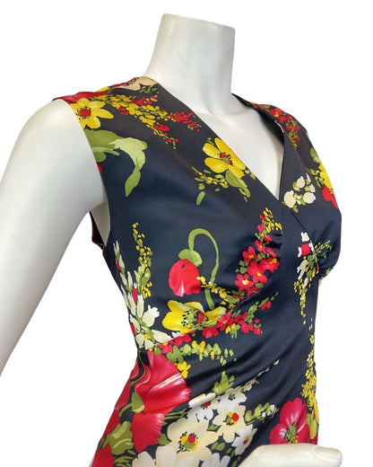 VINTAGE 60s 70s BLACK RED YELLOW PSYCHEDELIC FLORAL SLEEVELESS MAXI DRESS 10 12