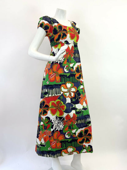 VINTAGE 60s 70s BLUE WHITE GREEN ORANGE HAWAIIAN FLORAL EMPIRE LINE MAXI DRESS 8