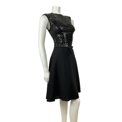 VINTAGE 60s 70s BLACK SEQUIN DISCO GLAM PARTY SLEEVELESS MOD SWING DRESS 10