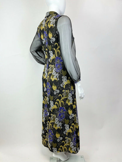 VTG 60s 70s BLACK PURPLE YELLOW LUREX PSYCHEDELIC FLORAL SHEER MAXI DRESS 16 18