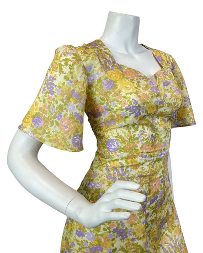 VINTAGE 60s 70s YELLOW GREEN LILAC GARDEN FLORAL DITSY SWEETHEART MAXI DRESS 10