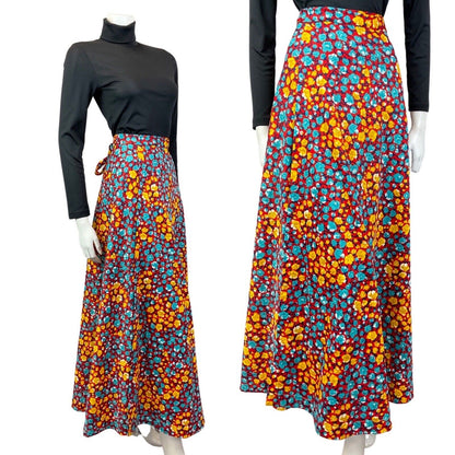 VINTAGE 70s RED BLUE YELLOW PSYCHEDELIC FLORAL BOHO WRAP MAXI SKIRT 10 12 14