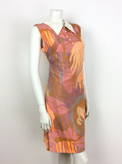 VINTAGE 60s 70s ABSTRACT FLORAL SHIFT DRESS ORANGE PURPLE PINK GOLD 12