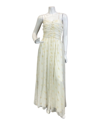 VINTAGE 70s WHITE GOLD SHEER SPAGHETTI STRAP EVENING GOWN MAXI DRESS 8