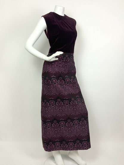 VINTAGE 60s 70s PURPLE PINK BLACK AZTEC GEOMETRIC FLORAL VELVET MAXI DRESS 10 12