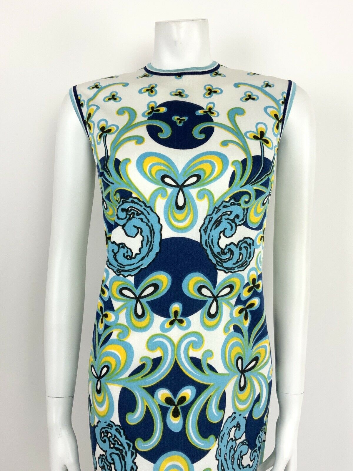 VINTAGE 60s 70s WHITE NAVY BLUE YELLOW PSYCHEDELIC FLORAL DRESS 10 12