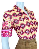 VINTAGE 60s 70s YELLOW PINK BROWN GEOMETRIC AZTEC MOD CROPPED BLOUSE 14 16