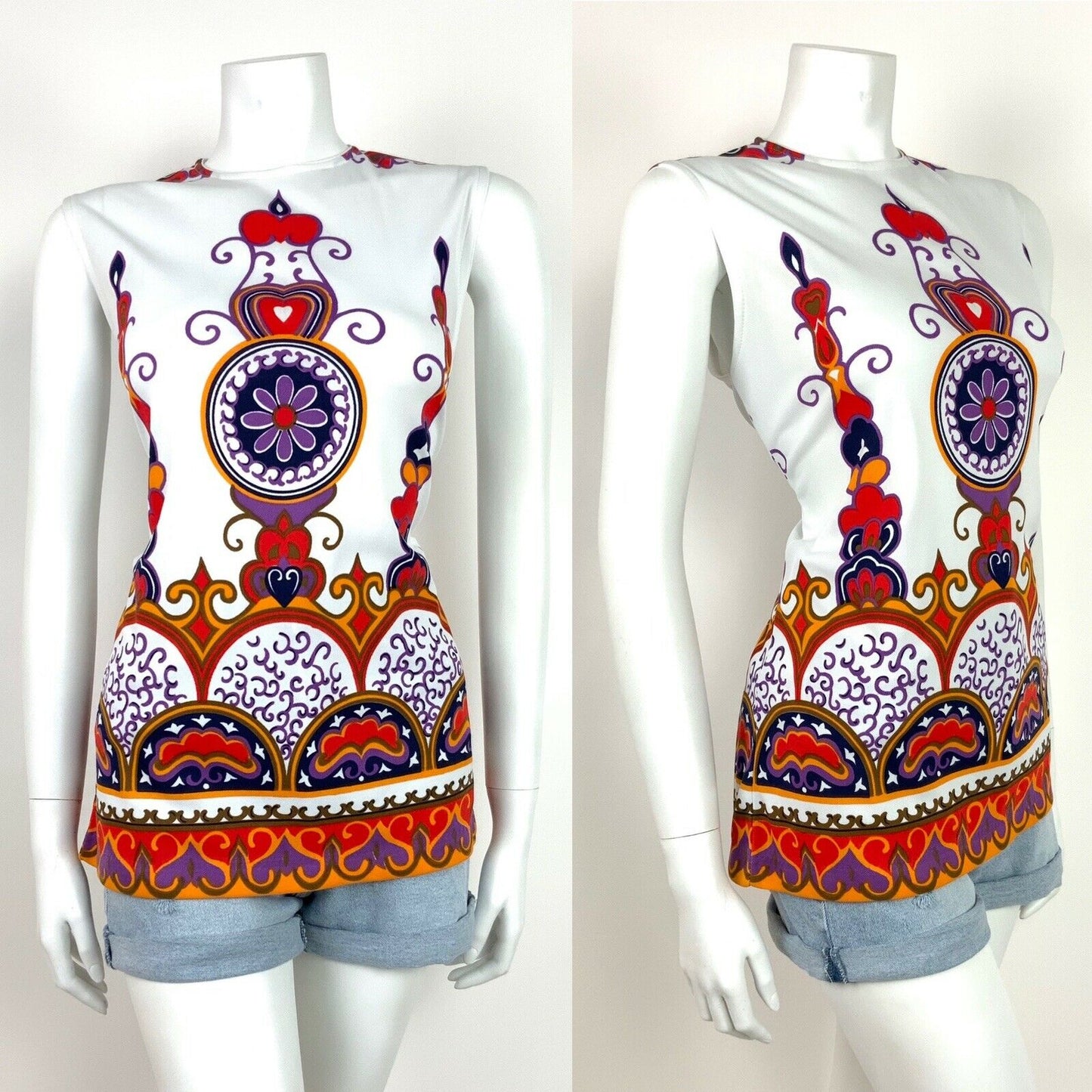 VINTAGE 60s 70s WHITE TOP TUNIC FLORAL ORNATE YELLOW RED PURPLE GOLD 14 16