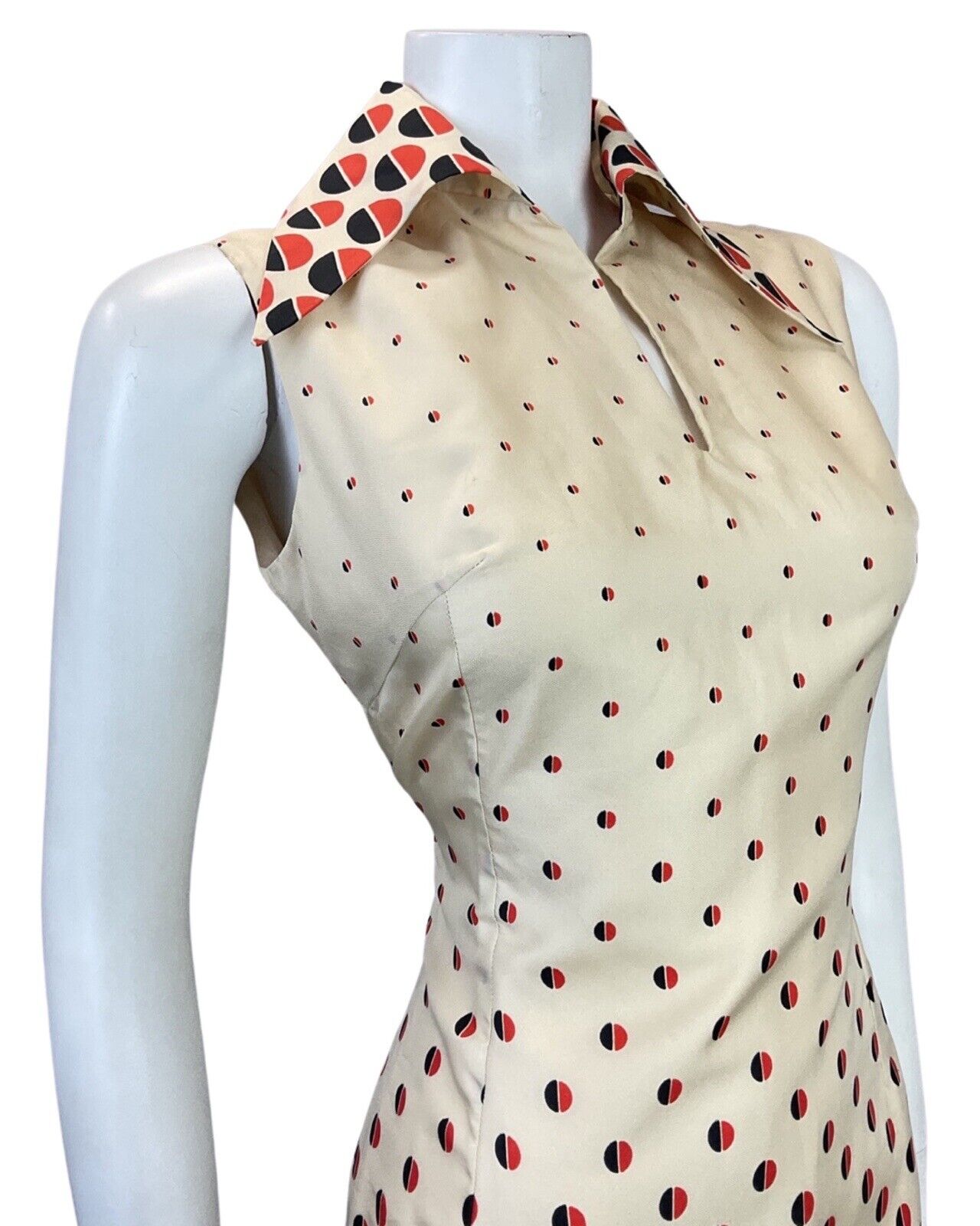 VINTAGE 60s 70s CREAM RED BLACK DOTTY WING COLLAR SLEEVELESS MIDI DRESS 10 12