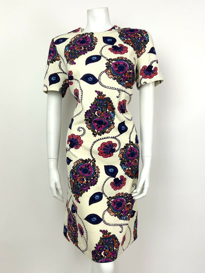 VTG 60s 70s CREAM PINK PURPLE BLUE FLORAL PAISLEY PSYCHEDELIC SHIFT DRESS 12 14