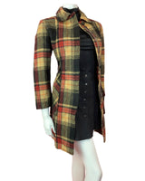 VINTAGE 60s 70s BLACK YELLOW RED PLAID CHECKED MOD WOOL COAT 10 12