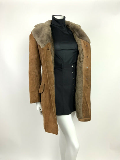 VTG 60s 70s CARAMEL BROWN GREY FAUX FUR SUEDE LEATHER BOHO SHEARLING COAT 10 12