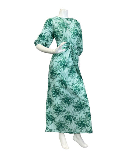 VTG 60s 70s MINT GREEN WHITE STRIPED FLORAL PUFF SLEEVE BLETED MAXI DRESS 16 18