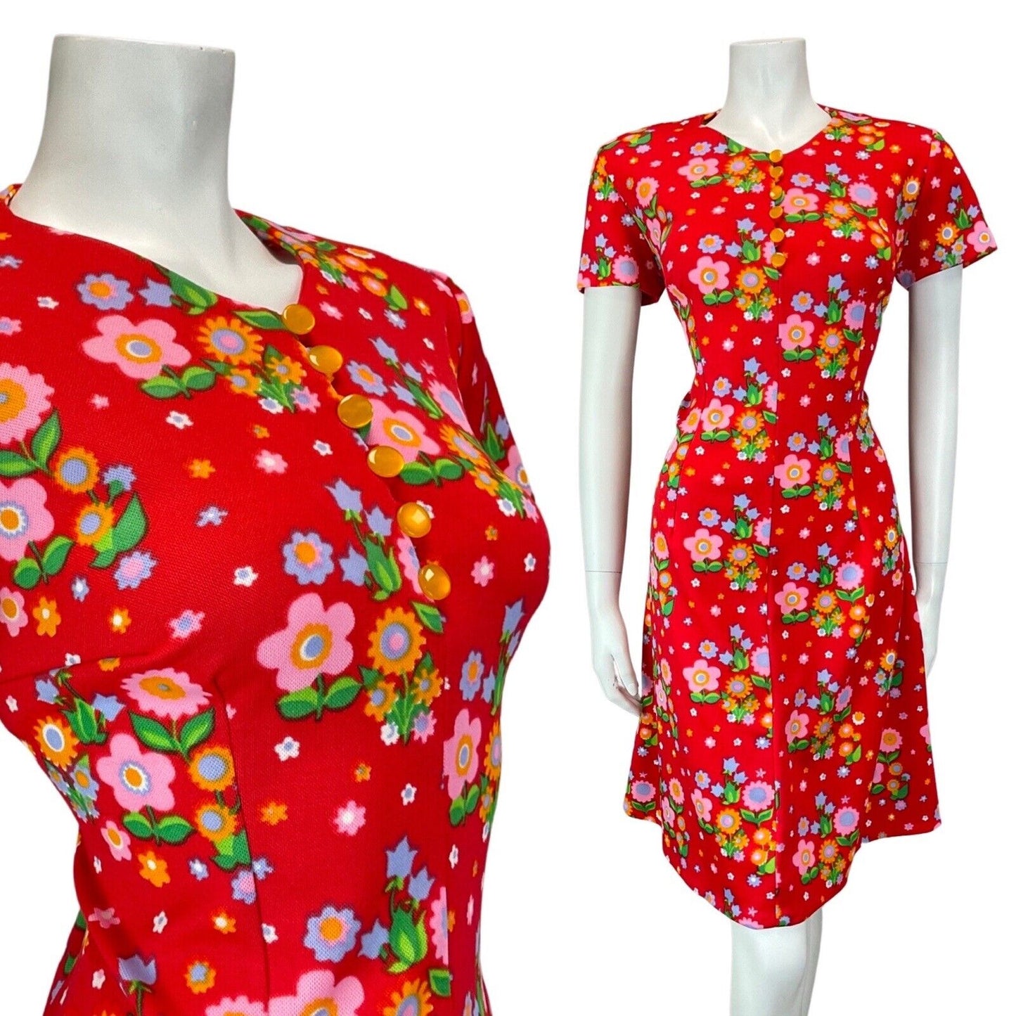 VINTAGE 60s 70s RED PINK ORANGE DAISY FLOWER POWER MOD DRESS 14 16