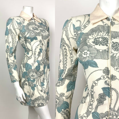 VTG MOD 60s 70s WHITE BLUE GREY FLORAL PSYCH ZIP-UP DAGGER DRESS 8 10