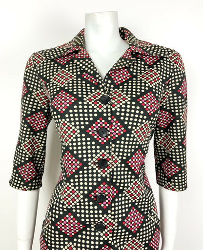 VINTAGE 60s 70s BLACK WHITE RED PINK POLKA-DOT CHECKED DAGGER SHIRT DRESS 14 16