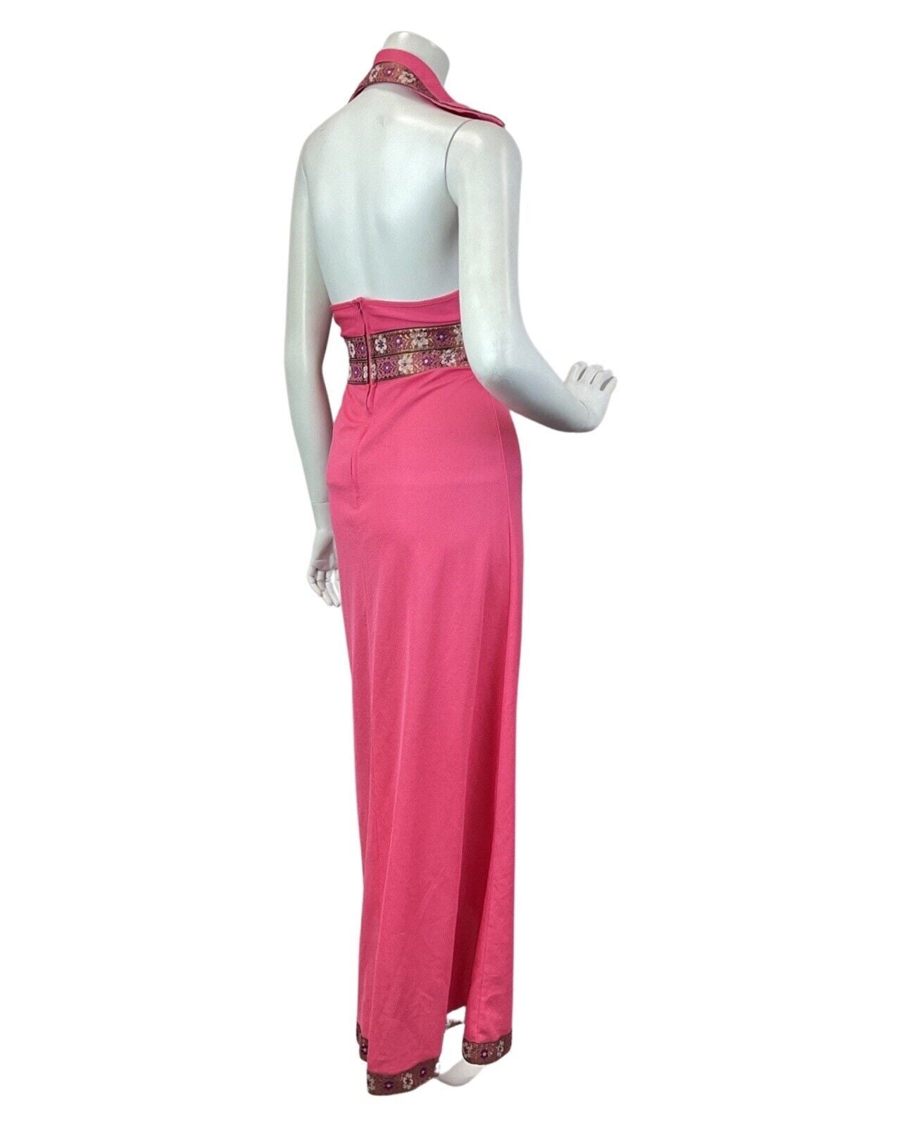 VINTAGE 60s 70s BRIGHT PINK GOLD FLORAL MOD HALTER WING COLLAR MAXI DRESS 8 10