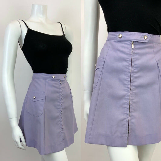 VINTAGE 60s 70s LILAC PURPLE SILVER ZIP-UP MOD A-LINE MINI SKIRT 8 10