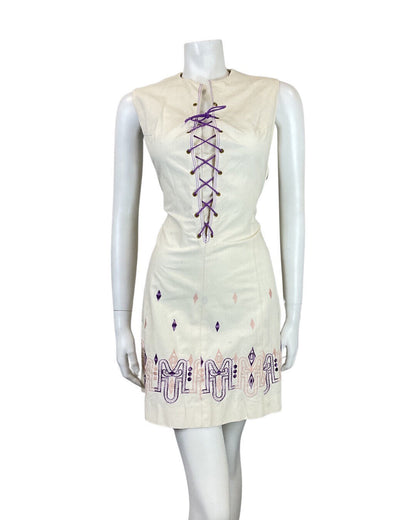 VINTAGE 60s 70s CREAM PURPLE PINK EMBROIDERED LACE-UP MOD BOHO MINI DRESS 10