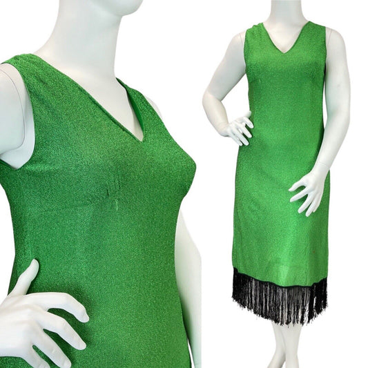 VINTAGE 60s 70s GREEN METALLIC LUREX FRINGED STUDIO 54 DISCO PARTY DRESS 14 16