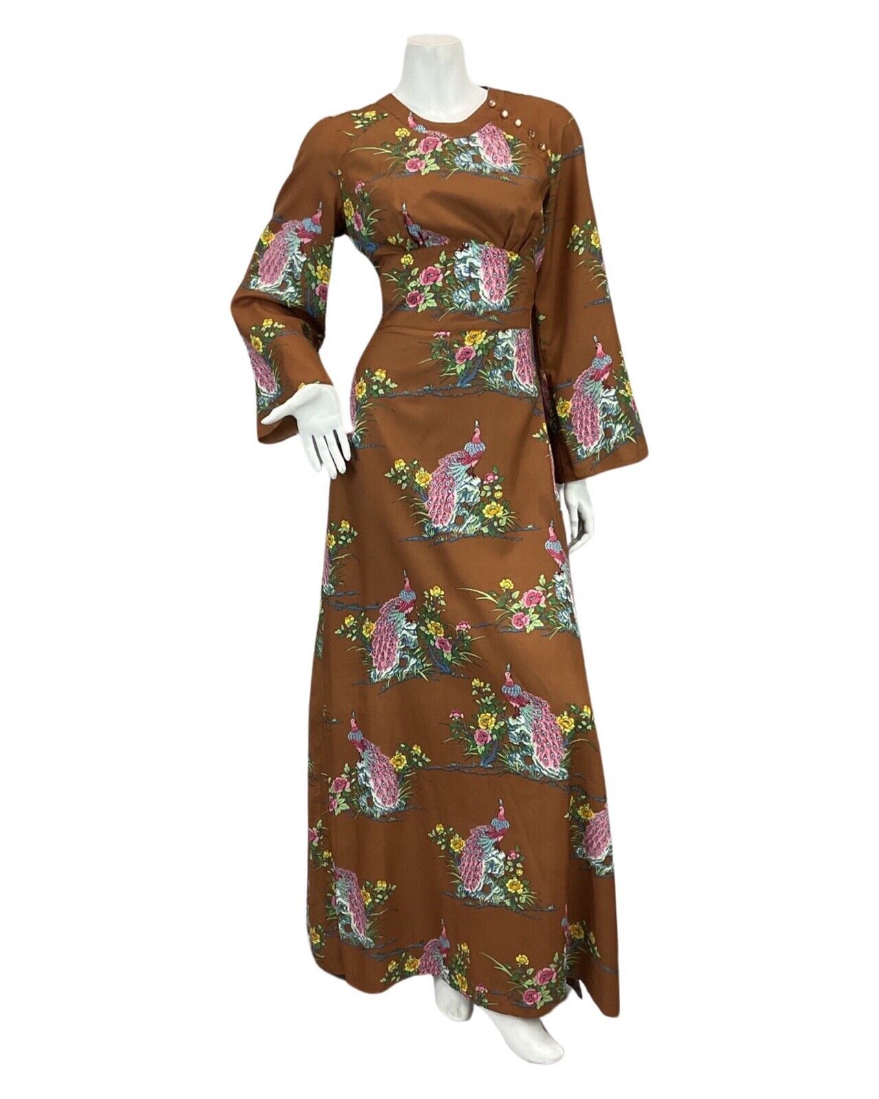 VTG 60s 70s BROWN PINK BLUE PEACOCK FLORAL PRINT BOHO FOLK MAXI DRESS 10