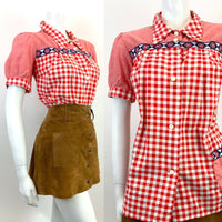 VTG 60s 70s RED WHITE BLUE GINGHAM FLORAL PUFF SLEEVE WESTERN MOD BLOUSE 14 16