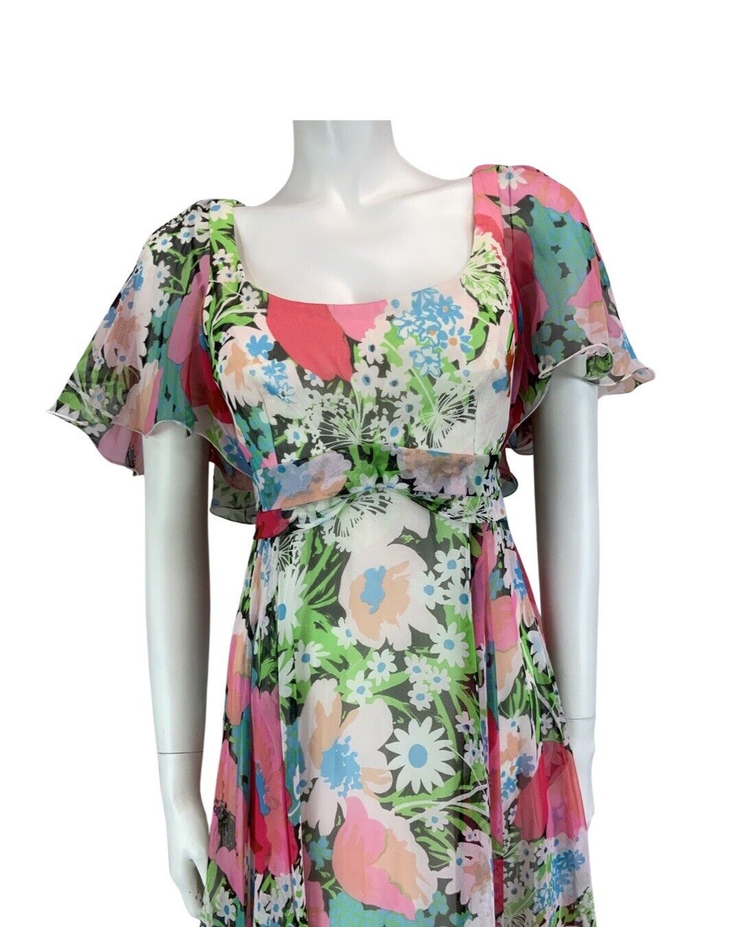 VINTAGE 60s 70s PINK BLUE GREEN FLORAL PRINT RUFFLED FLOATY MIDI DRESS 8 10