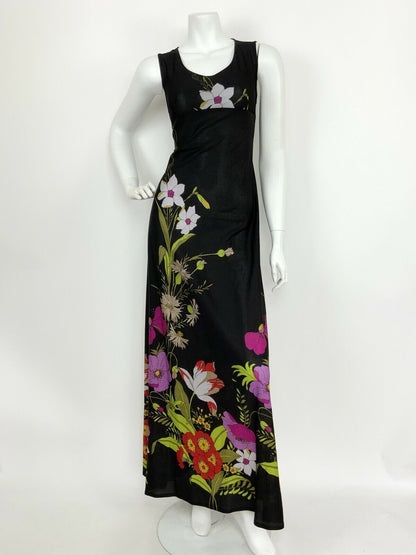 VINTAGE 60s 70s BLACK PURPLE WHITE RED FLORAL SLEEVELESS MAXI DRESS 10