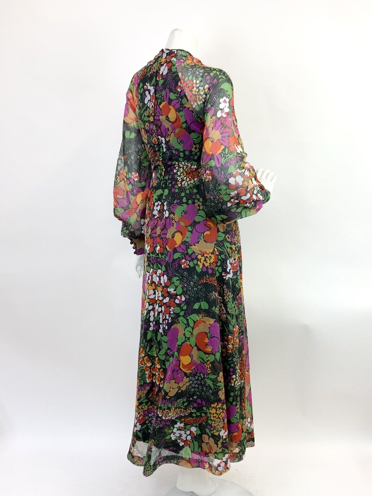 VTG 60s 70s BLACK PURPLE BEIGE FLORAL DITSY PSYCHEDELIC SHEER MAXI DRESS 8 10