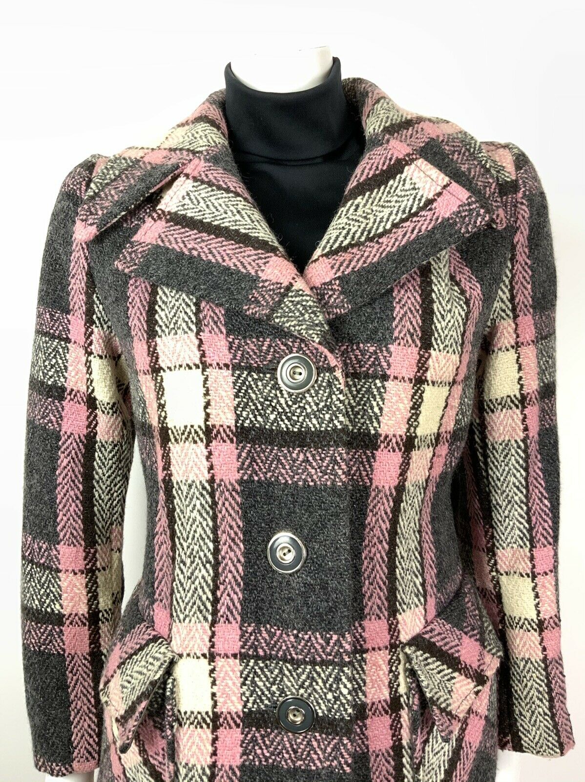 VINTAGE 60s 70s GREY SILVER WHITE BROWN PINK PLAID CHECKED MOD SWING COAT 14 16