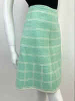 VINTAGE 60s 70s MINT GREEN WHITE STRIPED CHECKED GEOMETRIC MOD WOOL SKIRT 8 10