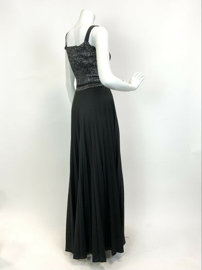 VINTAGE 60s 70s BLACK SILVER DISCO GLAM STUDIO 54 PARTY STRAPPY MAXI DRESS 6 8