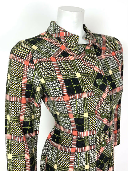 VINTAGE 60s 70s BLACK WHITE RED GREEN GEOMETRIC CHECKED MANDARIN DRESS 12 14