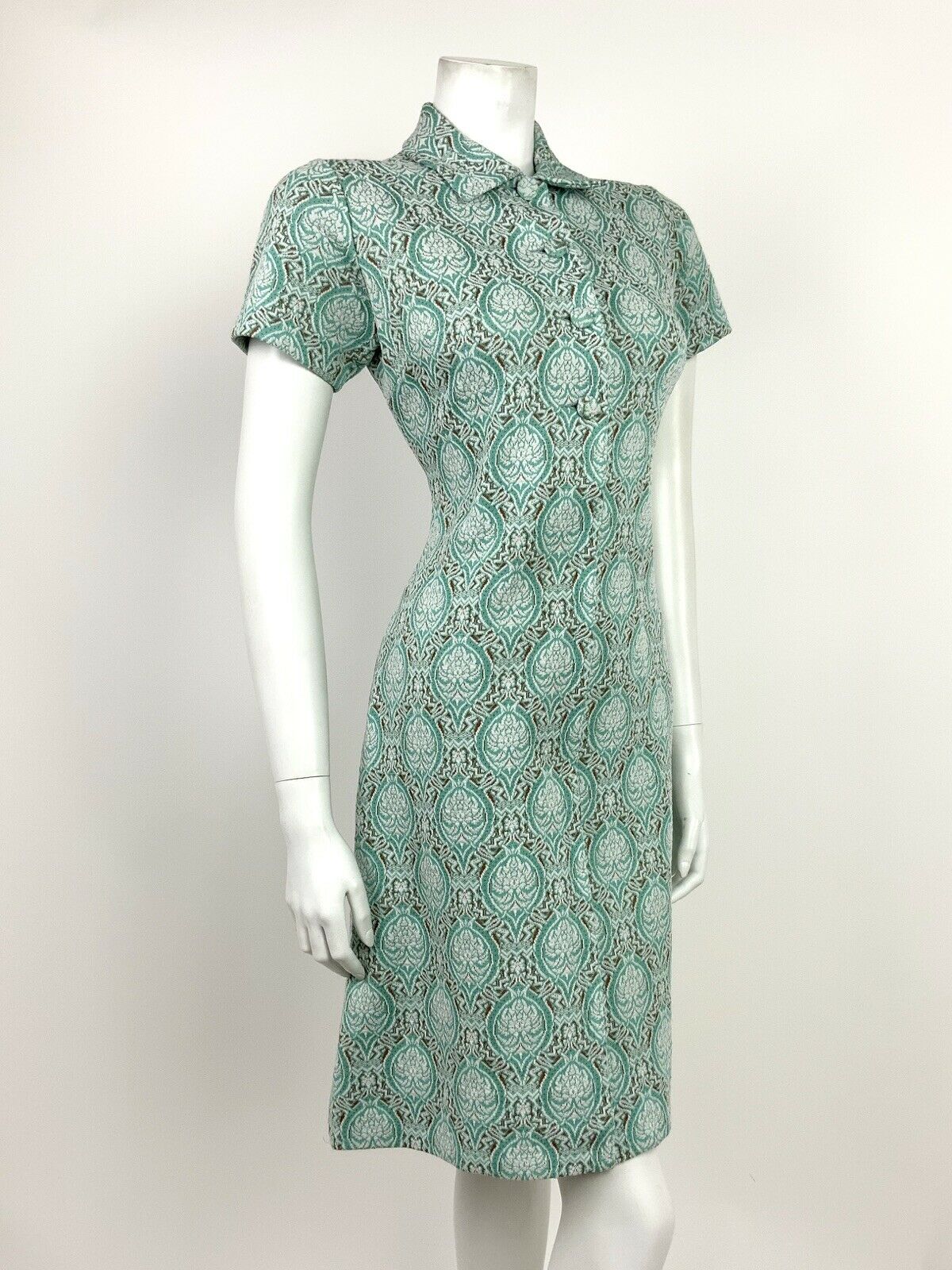 VTG 60s 70s MINT GREEN WHITE BROWN DAMASK ART NOUVEAU FLORAL COLLAR DRESS 12 14