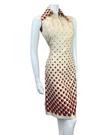 VINTAGE 60s 70s CREAM RED BLACK DOTTY WING COLLAR SLEEVELESS MIDI DRESS 10 12