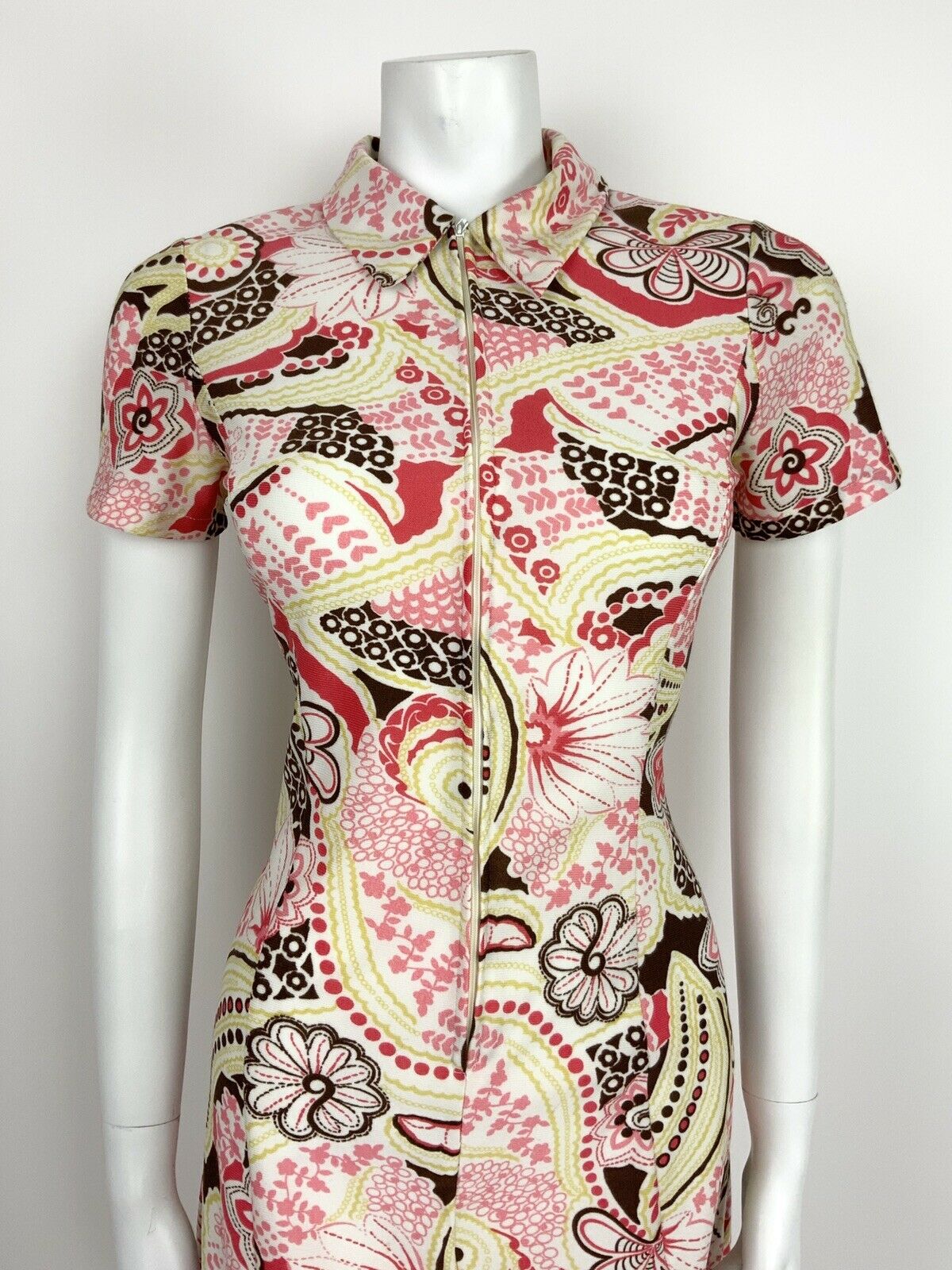 VTG 60s 70s WHITE PINK BROWN YELLOW FLORAL PSYCHEDELIC HIPPY STRETCH DRESS 10 12