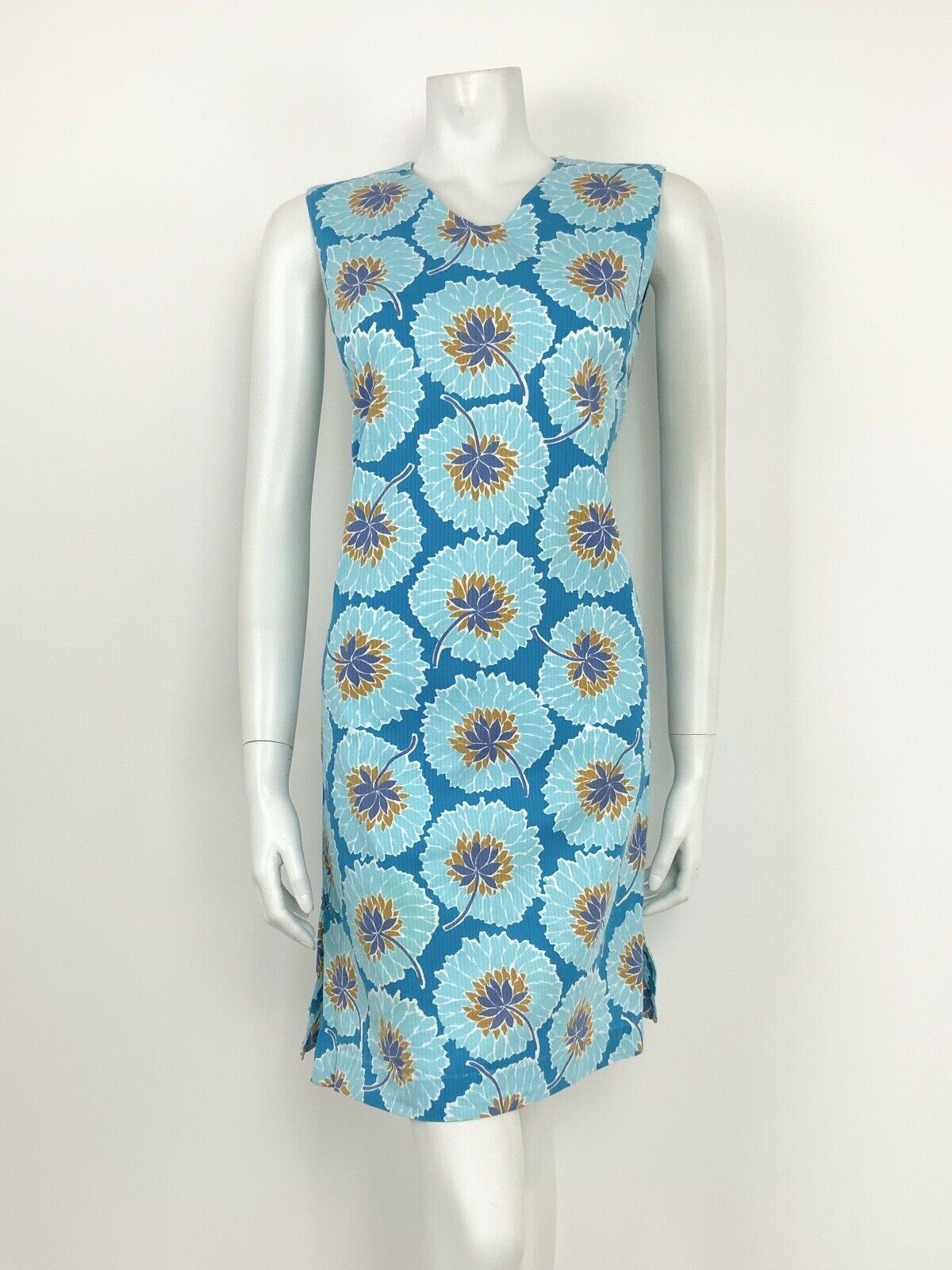 VINTAGE 60s 70s BLUE WHITE GOLD FLORAL SLEEVELESS A-LINE DRESS 8 10