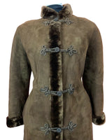 VINTAGE 60s 70s DARK BROWN SUEDE BROCADE DR ZHIVAGO SHEARLING LONG COAT 12 14