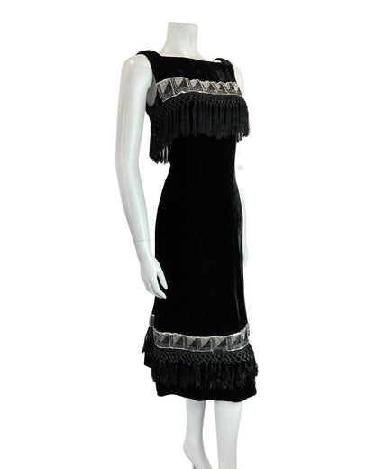 VINTAGE 60s 70s BLACK SILVER VELVET BEADED TASSELED FLAPPER PARTY MIDI DRESS 10