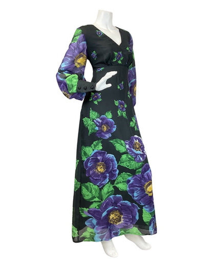 VINTAGE 60s 70s BLACK PURPLE GREEN FLORAL LONG-SLEEVE MAXI DRESS 12 14