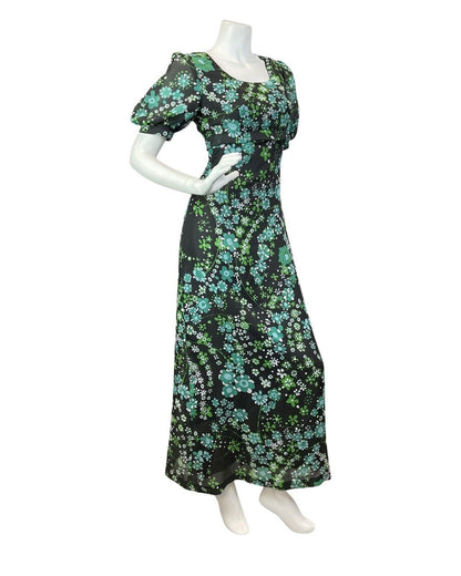 VINTAGE 60s 70s BLACK GREEN DAISY FLOWER PUFF SLEEVE MOD MAXI DRESS 10