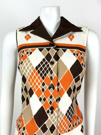 VINTAGE 60s 70s WHITE BROWN ORANGE DIAMOND PREPPY SLEEVELESS DRESS 8 10