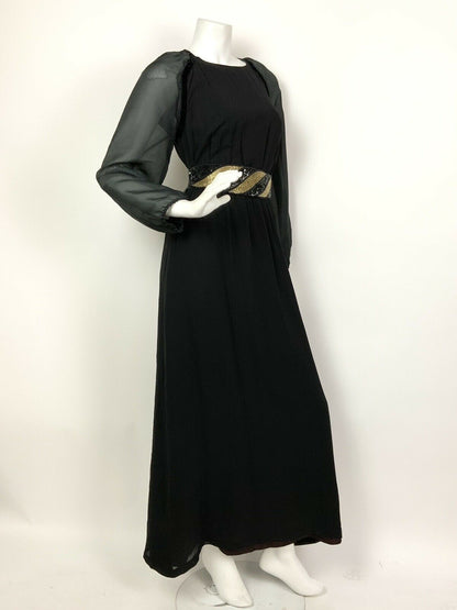 VINTAGE 60s 70s BLACK SHEER PUFF SLEEVE PARTY MAXI DRESS 8 10