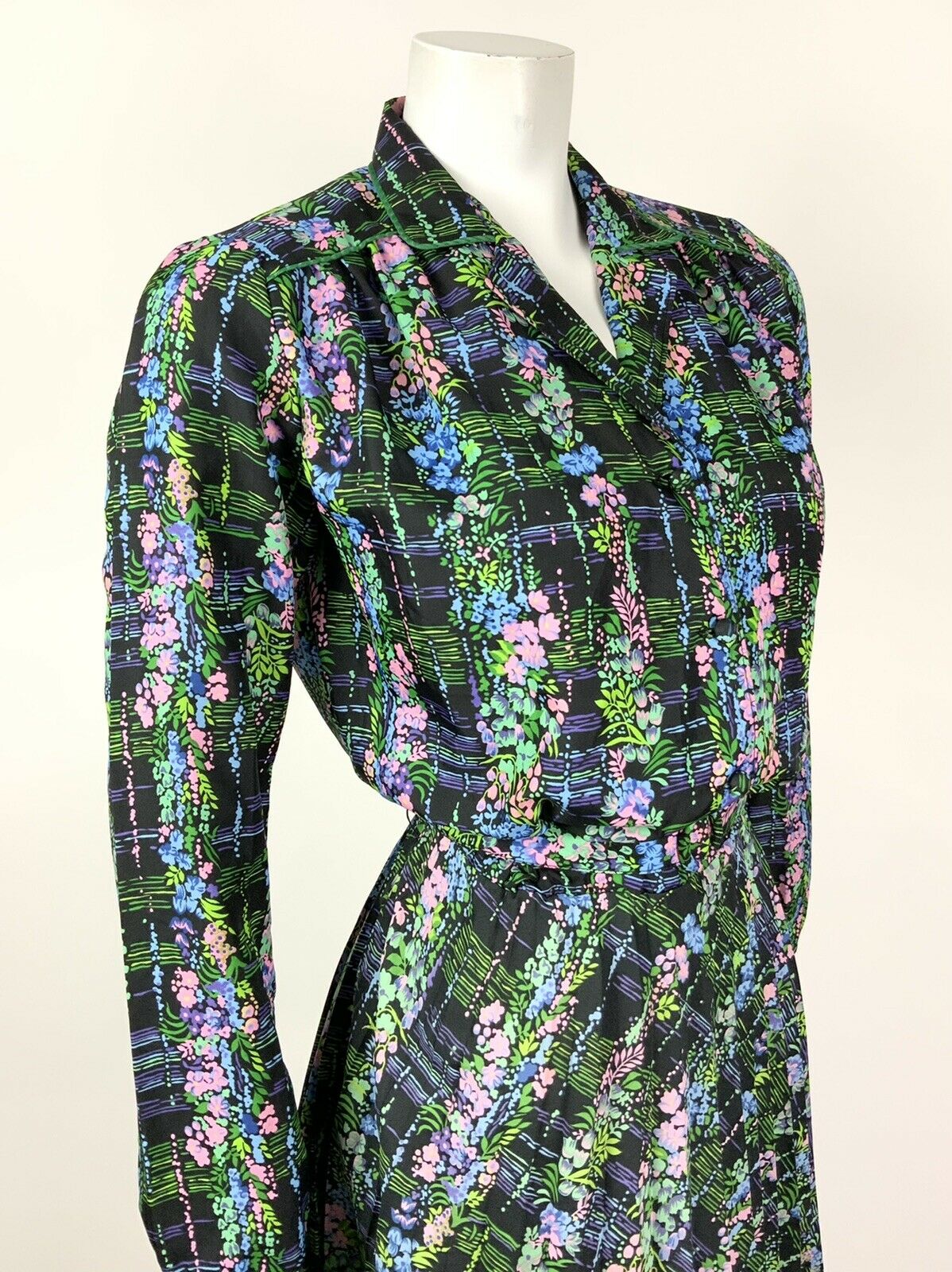 VTG 60s 70s BLACK BLUE PINK GREEN FLORAL PSYCHEDELIC PLEATED SHIRT DRESS 10 12